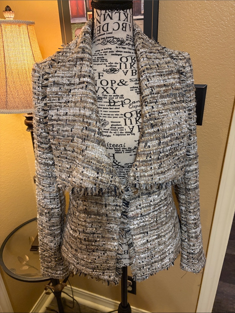 Donna Karan Textured Bouclé Fringe Jacket in Gray and Cream with subtle sequins